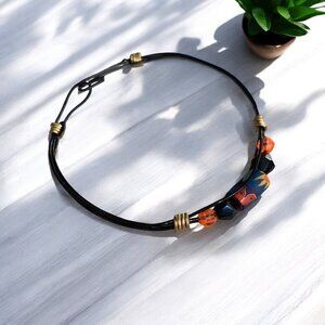 Black Wire Boho Global Beaded Bangle Bracelet With Gold Accents & Hook Clasp
